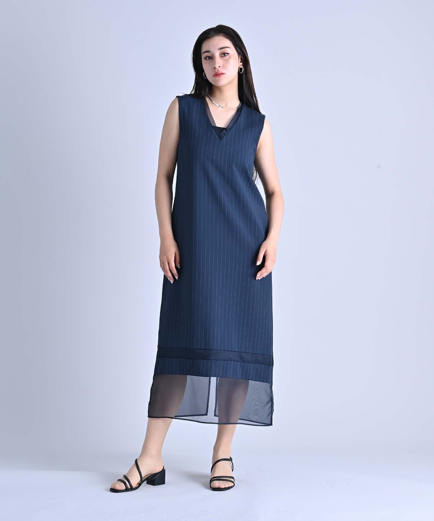 Vネックシアーヘムストライプワンピース onepiece RAW FUDGE